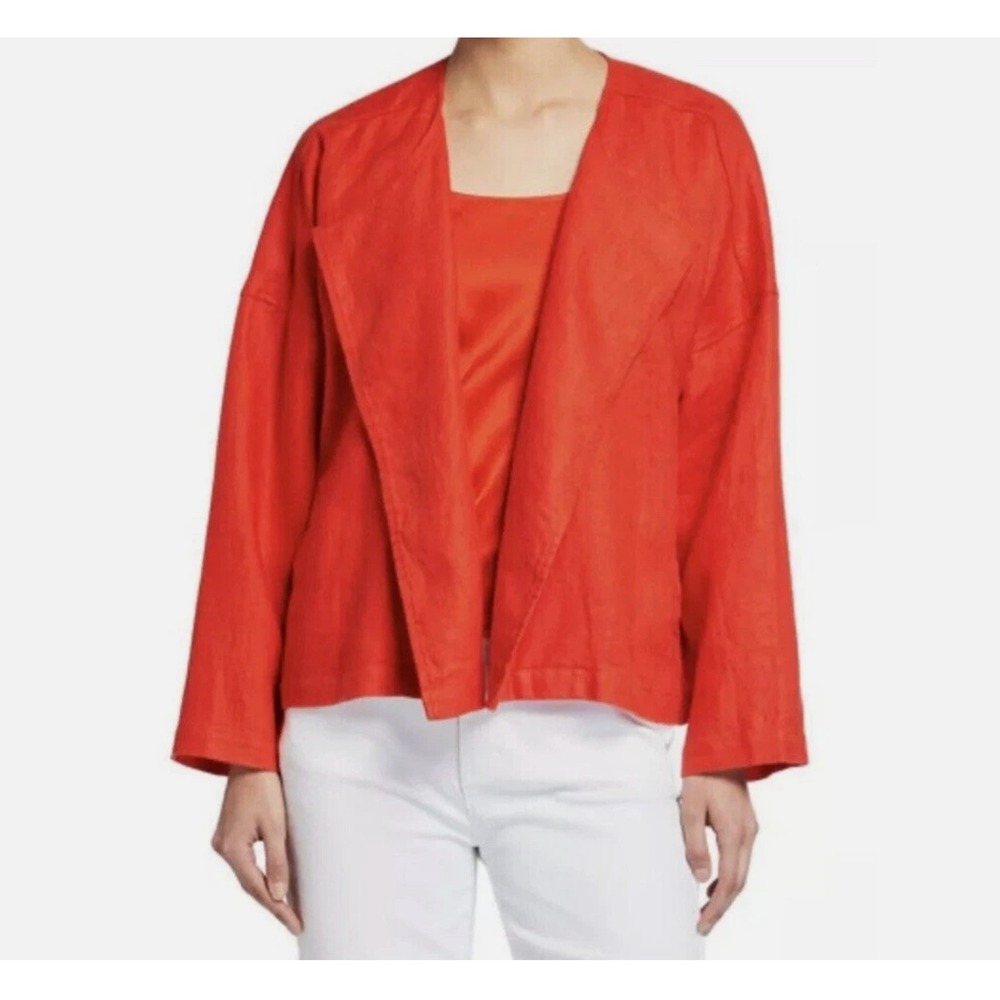 Eileen Fisher Heavy Organic Linen Drape Front Jacket Orange XL Lagenlook Minimal